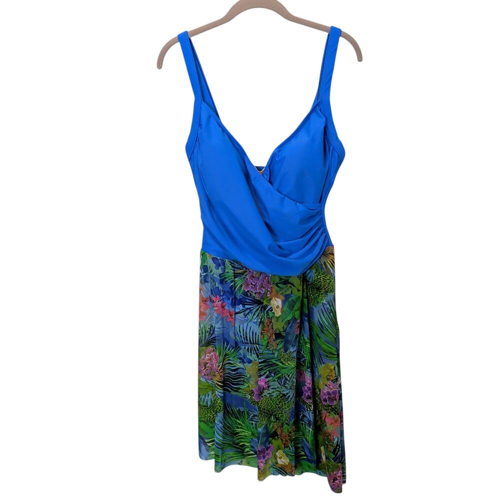 Carol Wior Women's Sz 12 One Piece Swimsuit Dress Tropical Mesh Skirt Shelf Bra